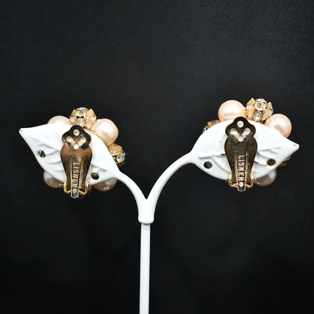 Vintage Lisner Pink Faux Pearl Rhinestone Earrings, Clip-On, Mid-Century, 1950s